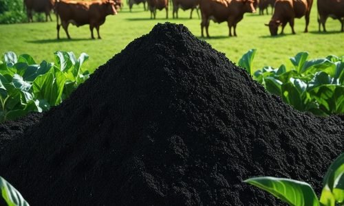buatkan tumpukan pupuk organik berwarna hitam pekat, dengan backgorund sapi potong dan tanaman hijau